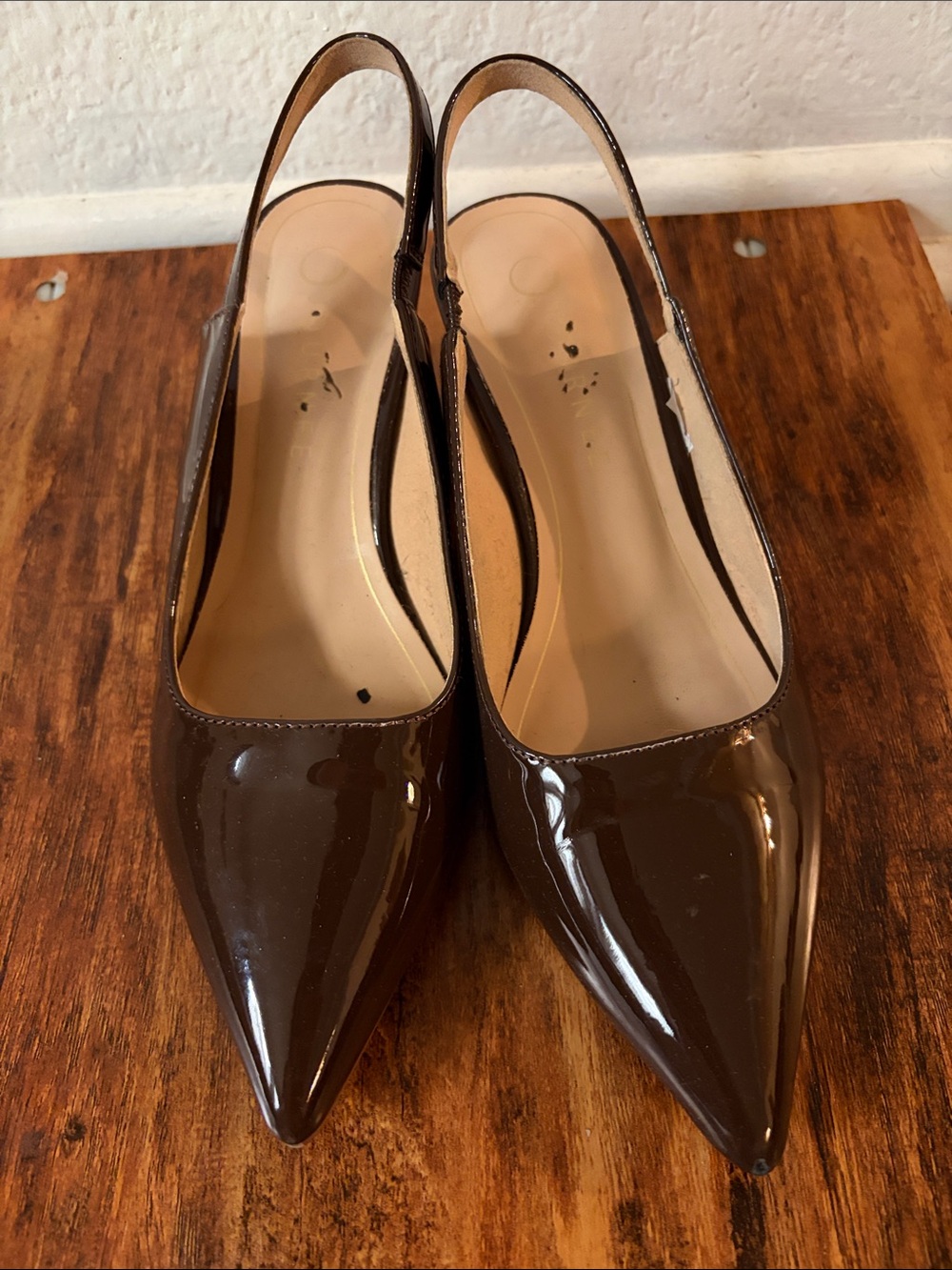 Journee Collection Brown Patent Slingback Pointed Toe Heels
